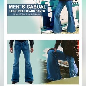 Men's Vintage Bell Jeans Classic Disco Retro Bell Flared 70s Denim Jeans. NWT